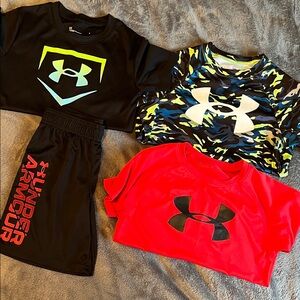 Boy’s Under Armour Tees and shorts lot of 4. Size 6 and Youth Small